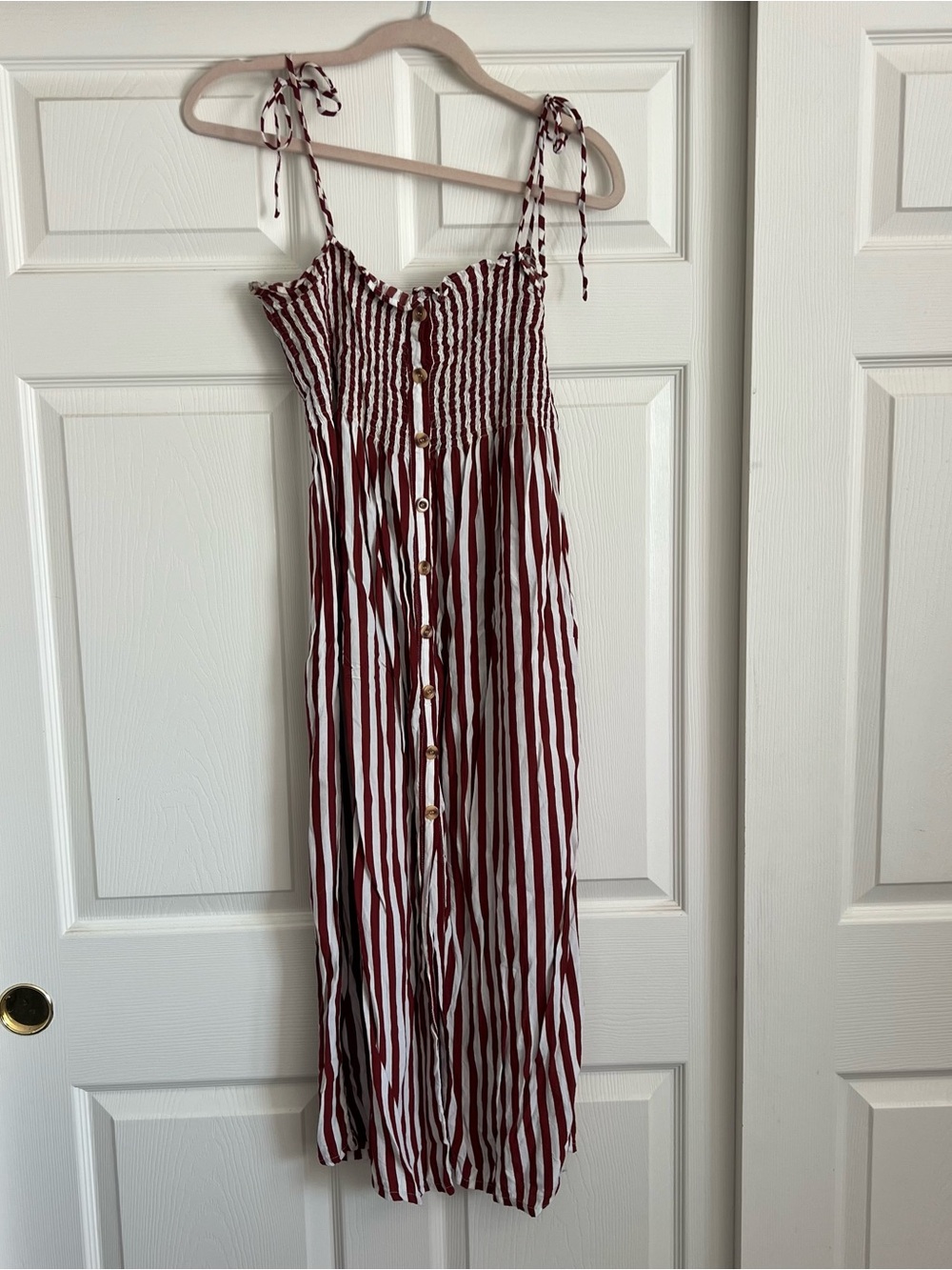Faithful the brand Striped Tie-Shoulder Button-Front Sundress — White & Burgundy